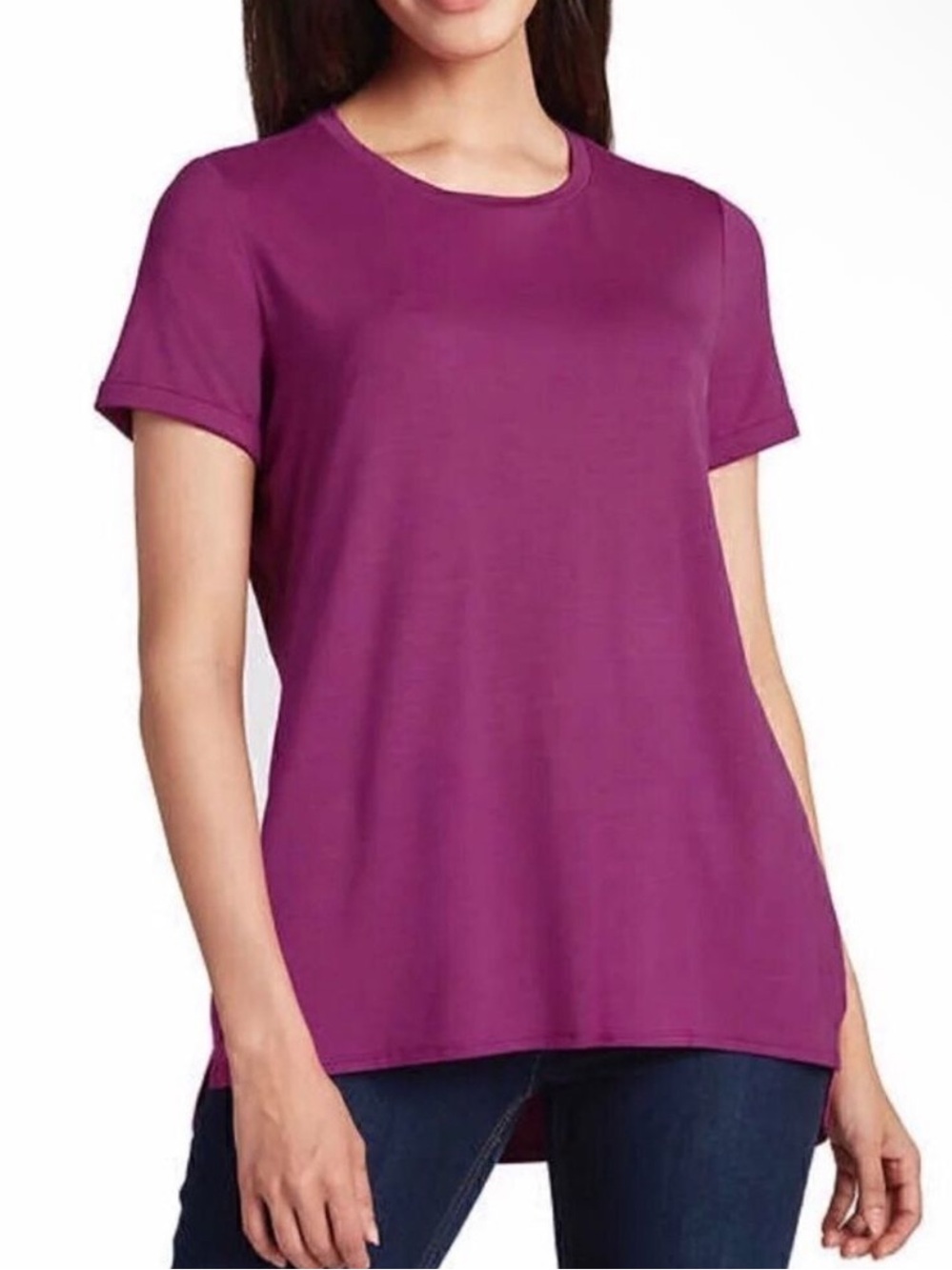 Ellen Tracy Short Sleeve High Low Hem Tunic Top T Shirt Magenta